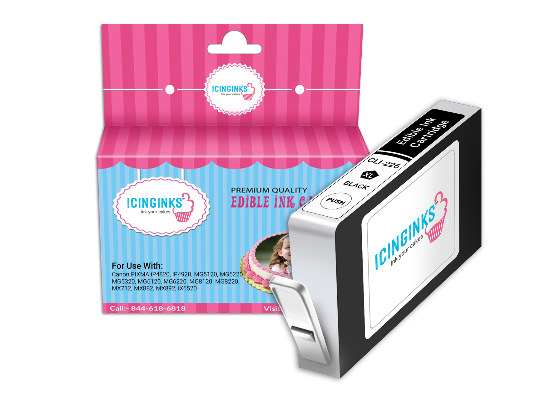 Black Color Refillable Edible Ink Cartridges for Canon CLI226BK Cake