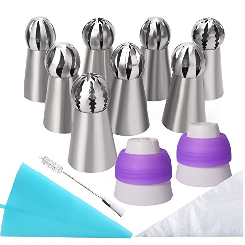 Icinginks 22 Pcs Cake Decorating Tip Set Includes 8 Russian Ball Tips for Cake Cookie Cupcake Decorating, 10 Disposable Pastry Bags, 2 Coupler, 1 Reusable Silicone Pastry bag, 1 cleaning brush