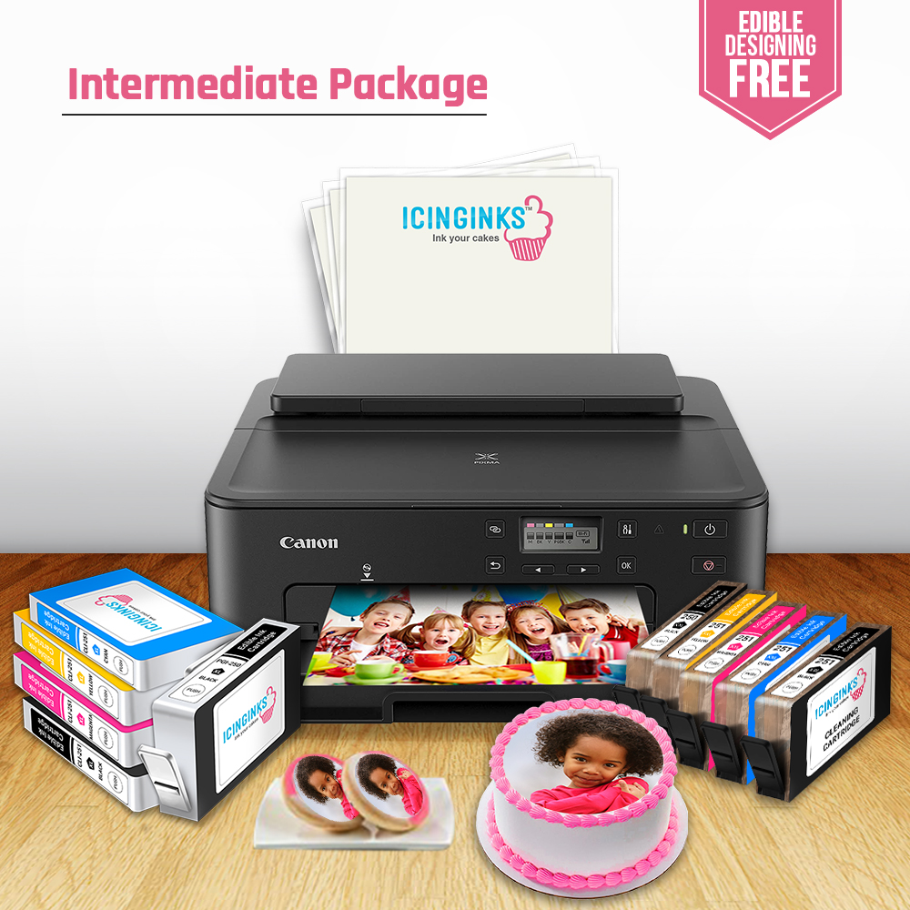ICINGINKS<sup>®</sup> Intermediate Edible Ink Printer Bundle Package including Canon PIXMA TS702/TR8620 Comes with Edible Ink Cartridges, Edible Ink Cleaning Cartridges and 12 frosting sheets
