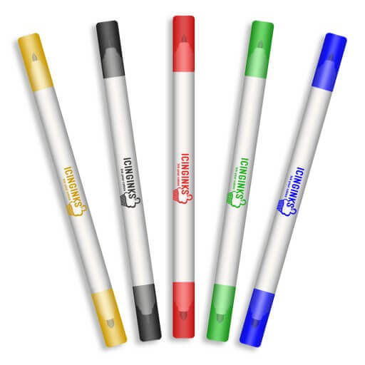 Icinginks™ Edible Pen Ink Markers (5Pk- Black, Green, Yellow, Blue, Red) Double Tip - Fine and Standard Tip