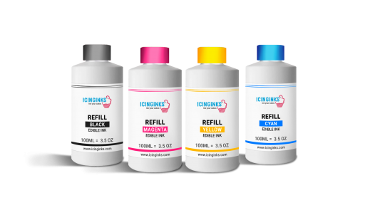 Combo Pack Icinginks™ Edible Ink Refills (Black, Cyan, Magenta, Yellow) - 4PACK for Canon Edible Printers, 100ml or 3.34oz Each Refill 