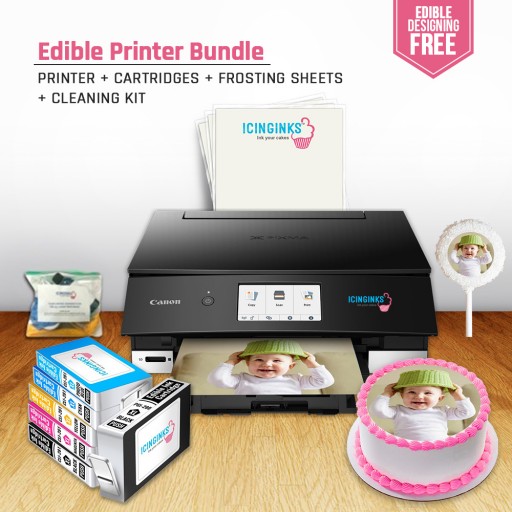 Edible printer bundle Compatible with Canon wireless - Icinginks Edible Ink Cartridges, Frosting Sheets, Edible Cleaning Kit, Free Image Designing Lifetime, Cake Printer, Edible Image Printer by Icinginks
