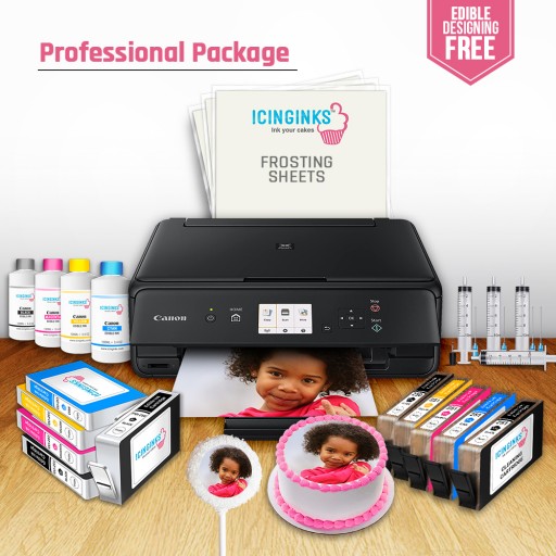 ICINGINKS<sup>®</sup> Professional Edible Ink Printer Bundle Package including Canon Pixma TS702/TR8620 Comes with Icinginks Edible Cartridges, frosting sheets, Cleaning Cartridges, Refill Edible Ink (100ml each bottle of 4 colors), and Refills