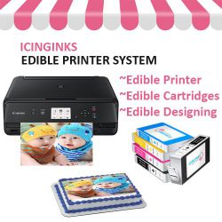 ICINGINKS<sup>®</sup> High Resolution Edible Printer Bundle System including Canon Pixma TS6120/TS6220 Wireless Printer Comes with Set of 5 Ink Cartridges, and Free Image Designing Lifetime