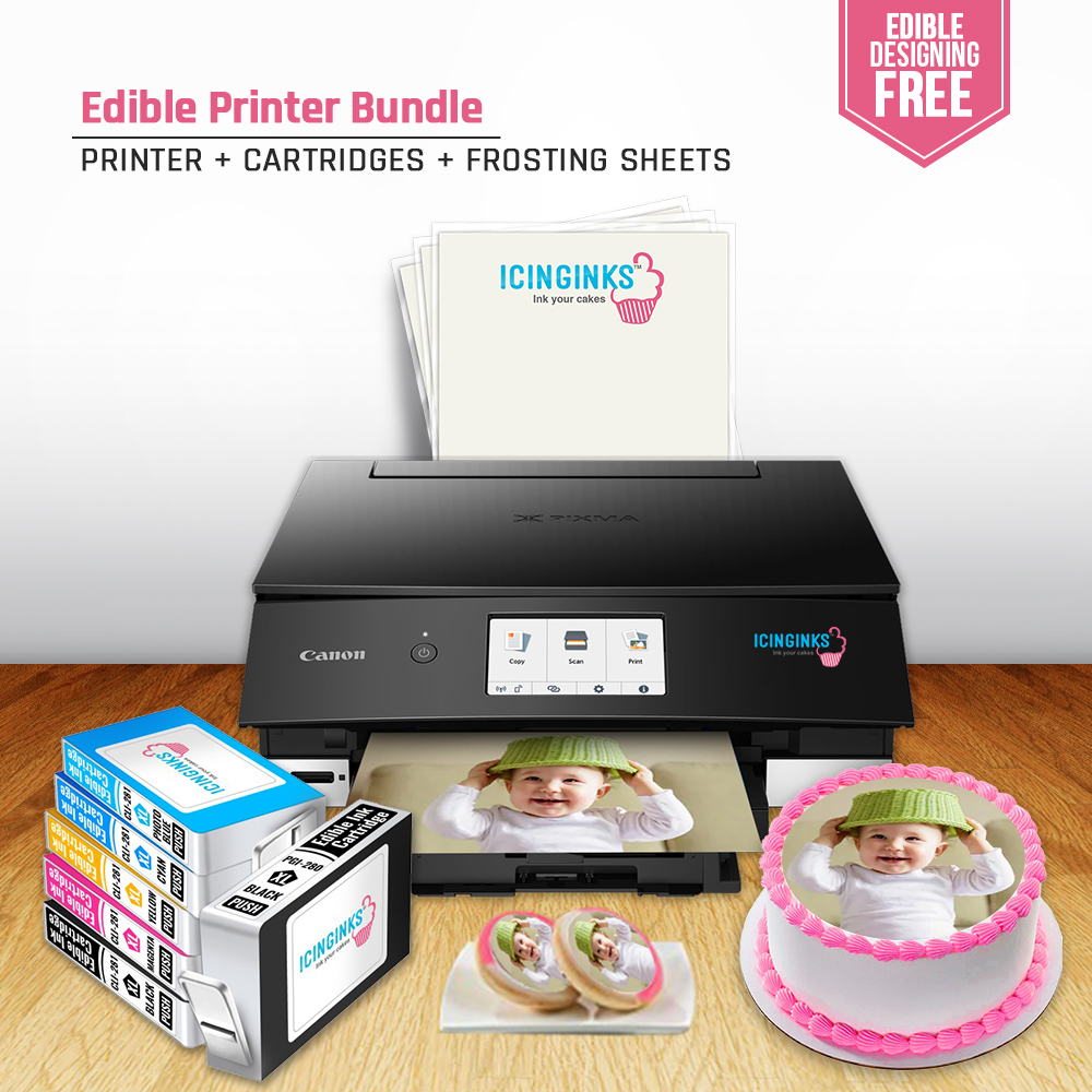 ICINGINKS<sup>®</sup> Edible Printer System Compatible with Canon Pixma TS6320 (Wireless+Scanner) Comes with Edible Cartridges and frosting sheets