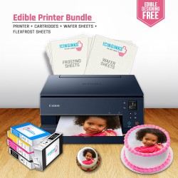 ICINGINKS<sup>®</sup> Edible Printer Exclusive Package including Canon PIXMA TS6320 Comes with 2 Types of 110 Assorted Icinginks Edible Sheets (100 Wafer Papers and 10 Flexible Frosting Sheets) and Set of 5 Pack Edible Cartridges