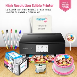 ICINGINKS<sup>®</sup> High Resolution Refurbished Edible Cake Photo Printer Bundle Package including Canon Pixma TS8320 (Wireless + Scanner) Comes with Edible Cartridges, 5 Markers Set Double Tip, Flush System and frosting sheets