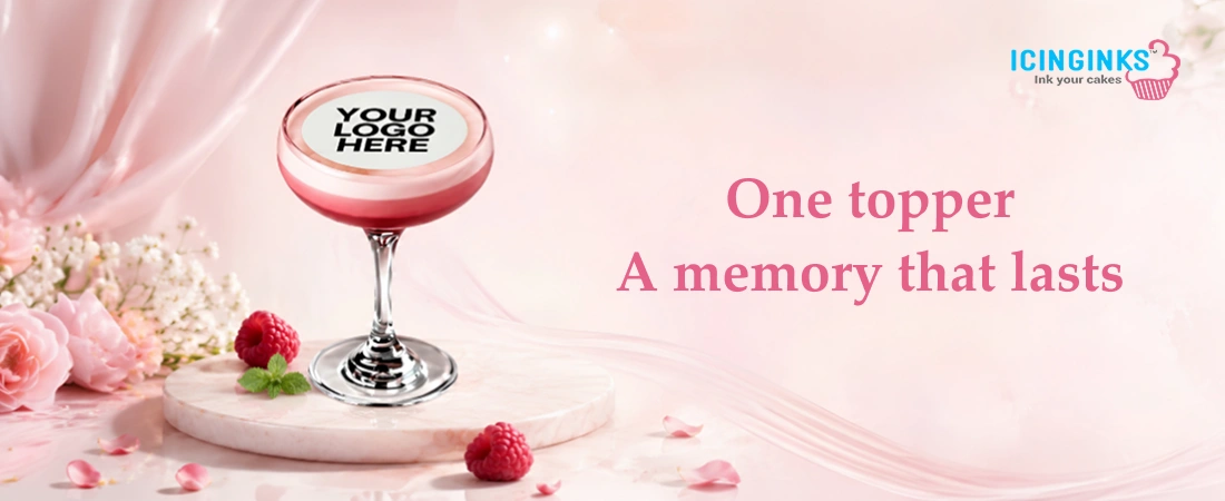 Custom edible drink topper with brand logo floating on a cocktail glass at a luxury event 