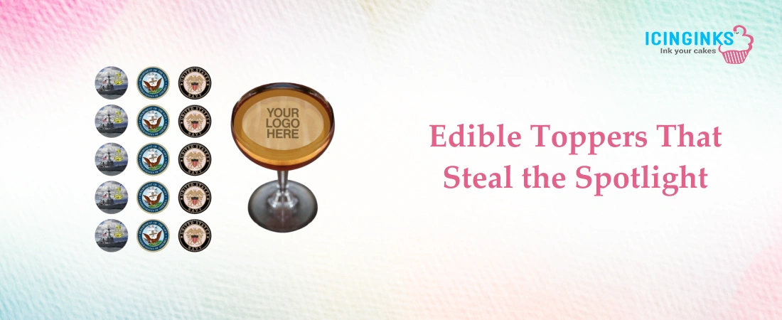 Custom-printed cocktail toppers and edible printing supplies by Icinginks for beverages and desserts.