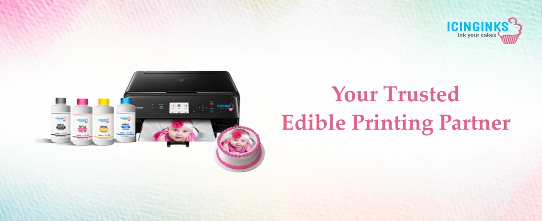 Icinginks edible printing supplies, including cartridges, frosting sheets, and accessories for professional cake decorators.