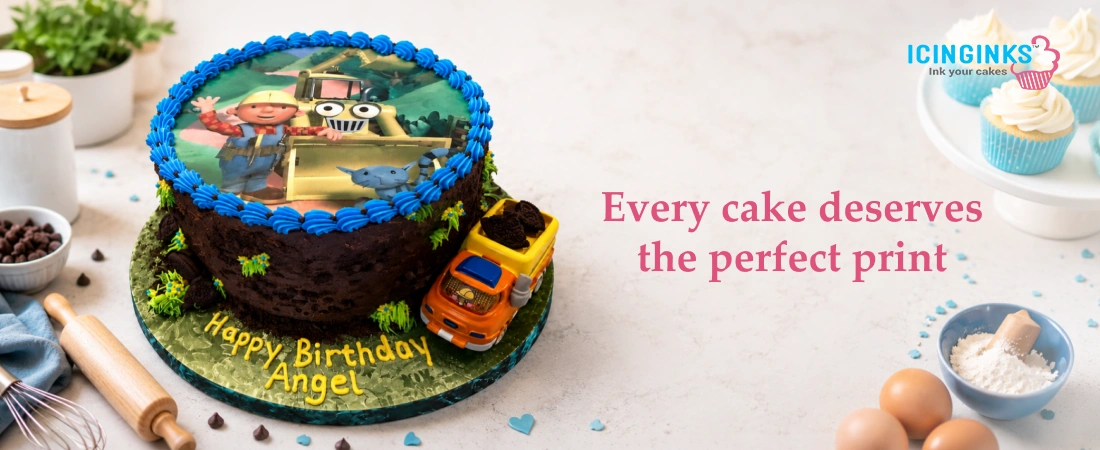 Home baker using an edible cake printer to print a photo image on a frosting sheet for cake decoration 