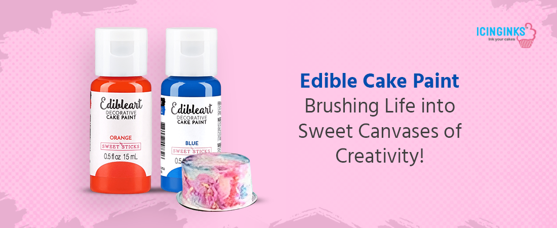 A vibrant palette of edible cake paint colors ready for artistic cake decoration.