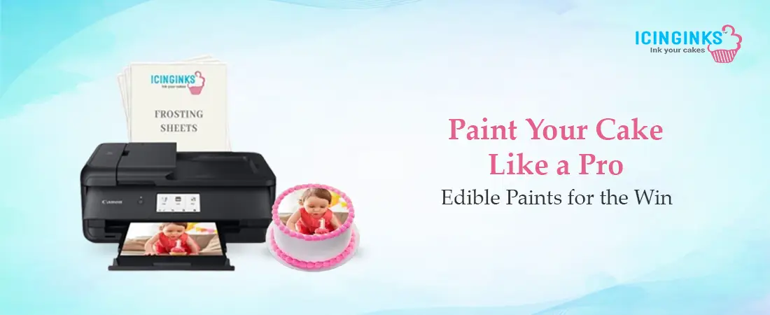 Close-up of a baker painting colorful floral designs on a fondant cake using edible cake paint and dust.