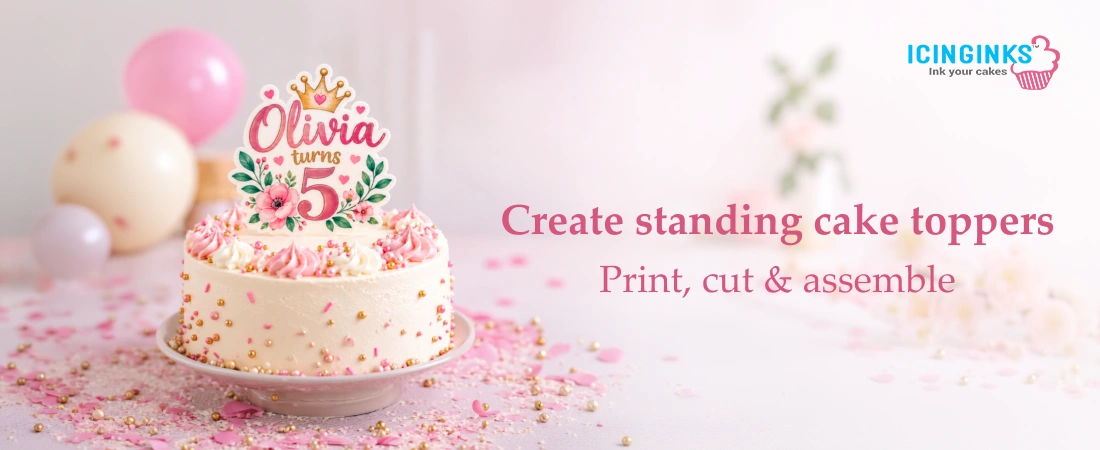 Standing cake toppers made with thick wafer sheets, showing the print, cut, and assembly process.