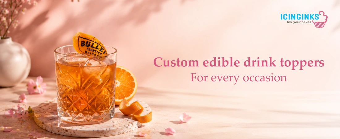 Personalized edible drink toppers printed with custom designs placed on cocktail glasses at a wedding event 