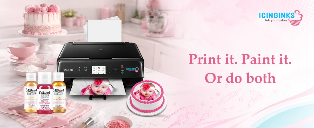 Edible ink printer and edible paint bottles side by side for cake decorating at Icinginks 