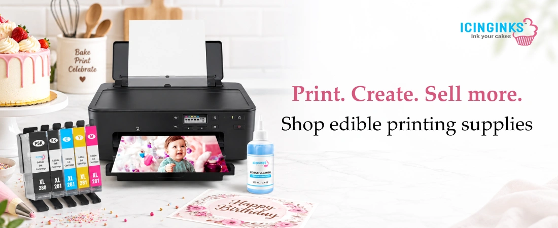 Edible cake printer and edible printing supplies for custom products