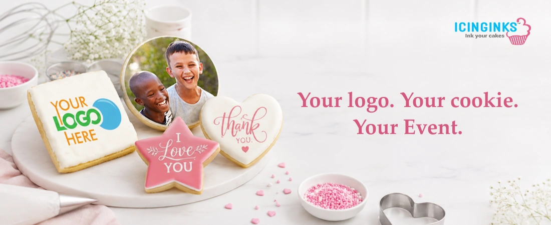 Round custom printed cookies with company logo printed using an edible printer on white royal icing 