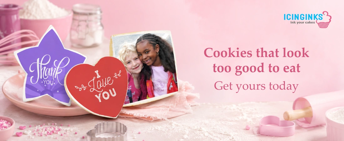 Assorted custom-printed cookies with edible photo images on royal icing in various shapes 
