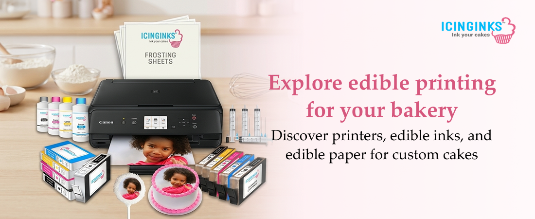 Icinginks edible image printer, edible ink bottles, and edible paper for creating custom cakes in small bakeries.