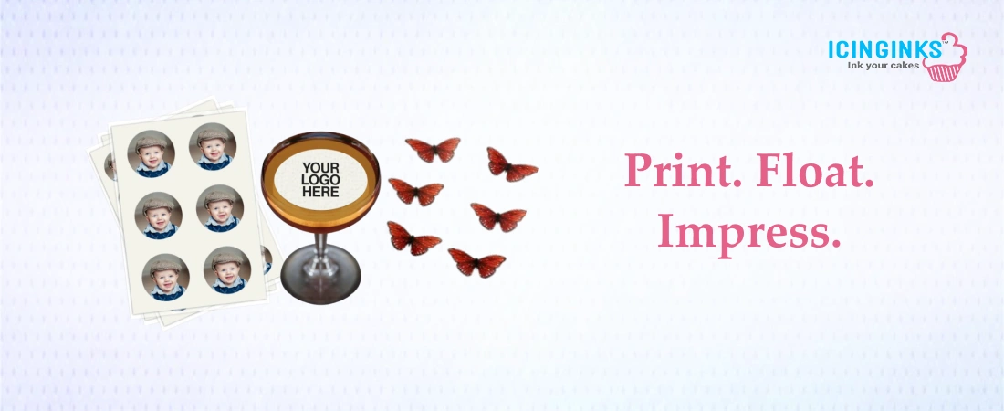 Edible printed cocktail toppers made with edible paper and edible ink by Icinginks for premium drink presentation.