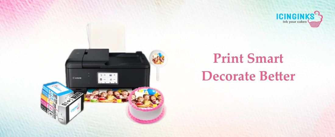 Icinginks edible printer, edible ink cartridges, and frosting sheets used for professional cake printing and decoration. 
